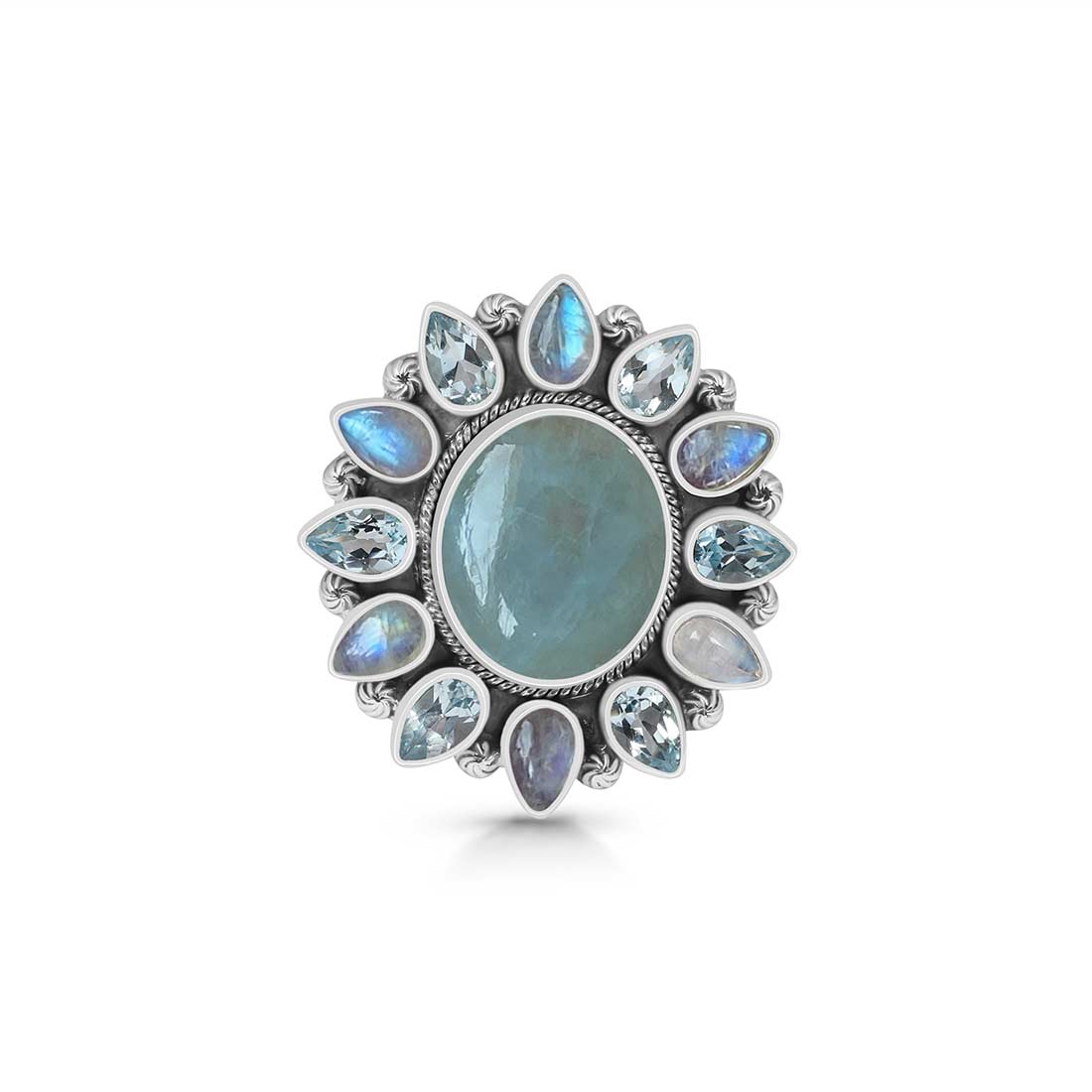 Aquamarine, Blue Topaz And Moonstone Flower Adjustable Ring-(AQM-FLR-5.)